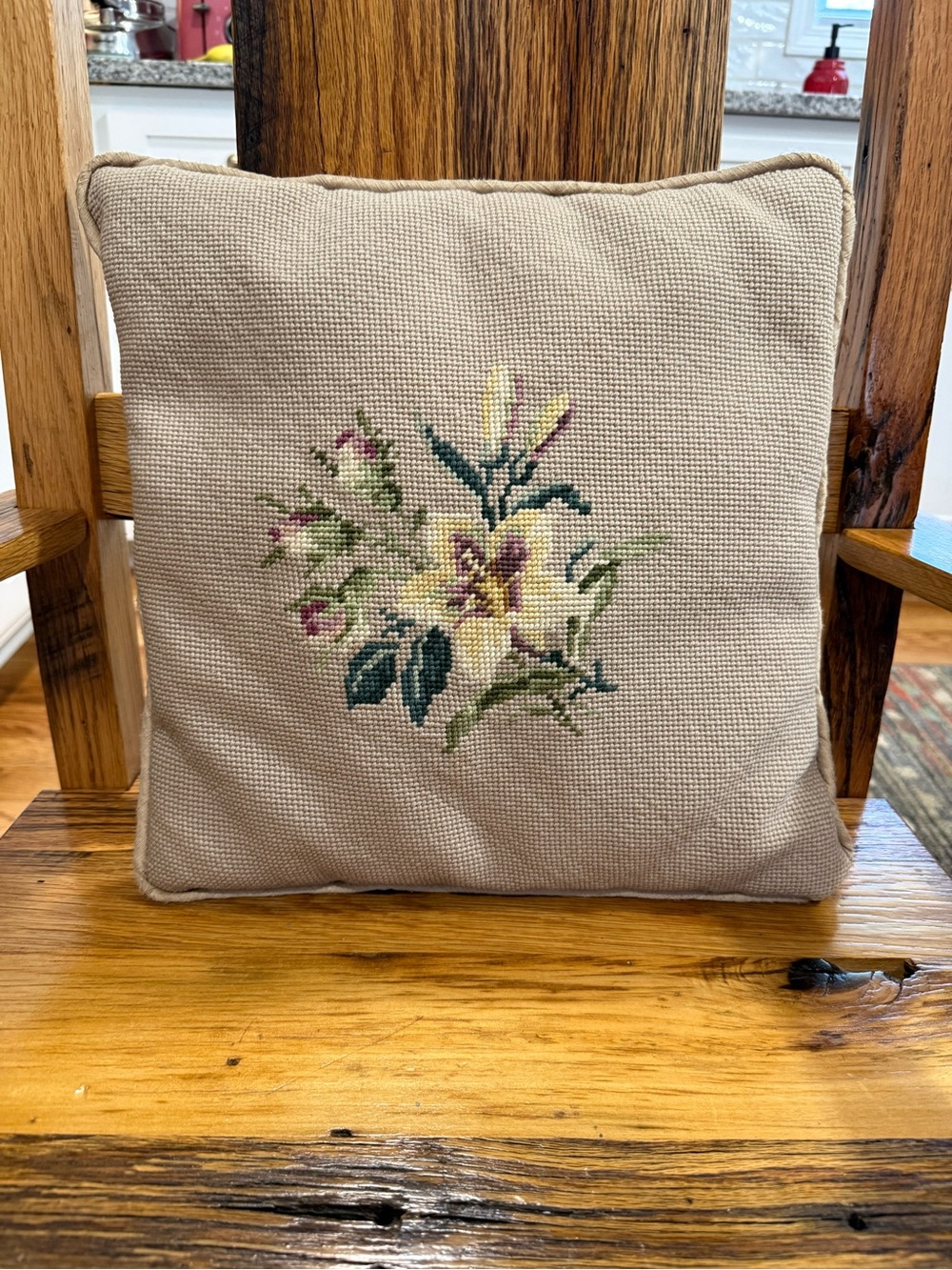 Vintage Beige Floral Needlepoint Throw Pillow - Classic Home Accent